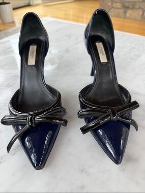 Prada Navy Patent D'Orsay Pointed-Toe Heels with Black Bow Accent
